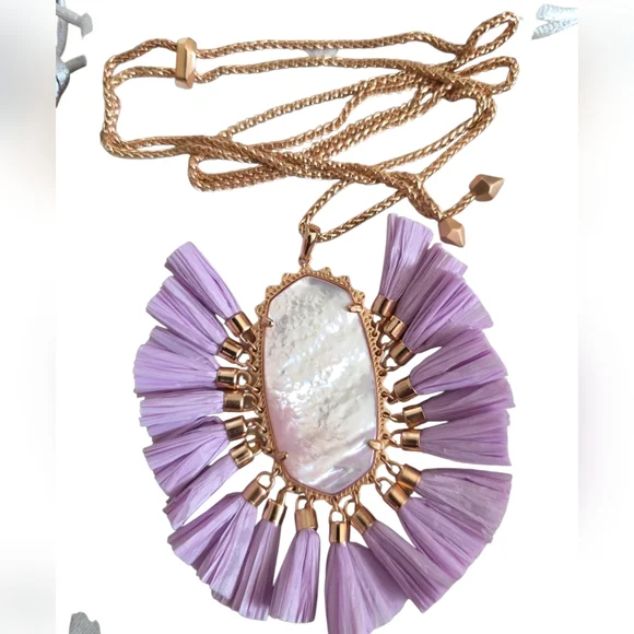 Kendra Scott Lavender BETSY Raffia Tassel Rose Gold Tone Chain Necklace NWOT
